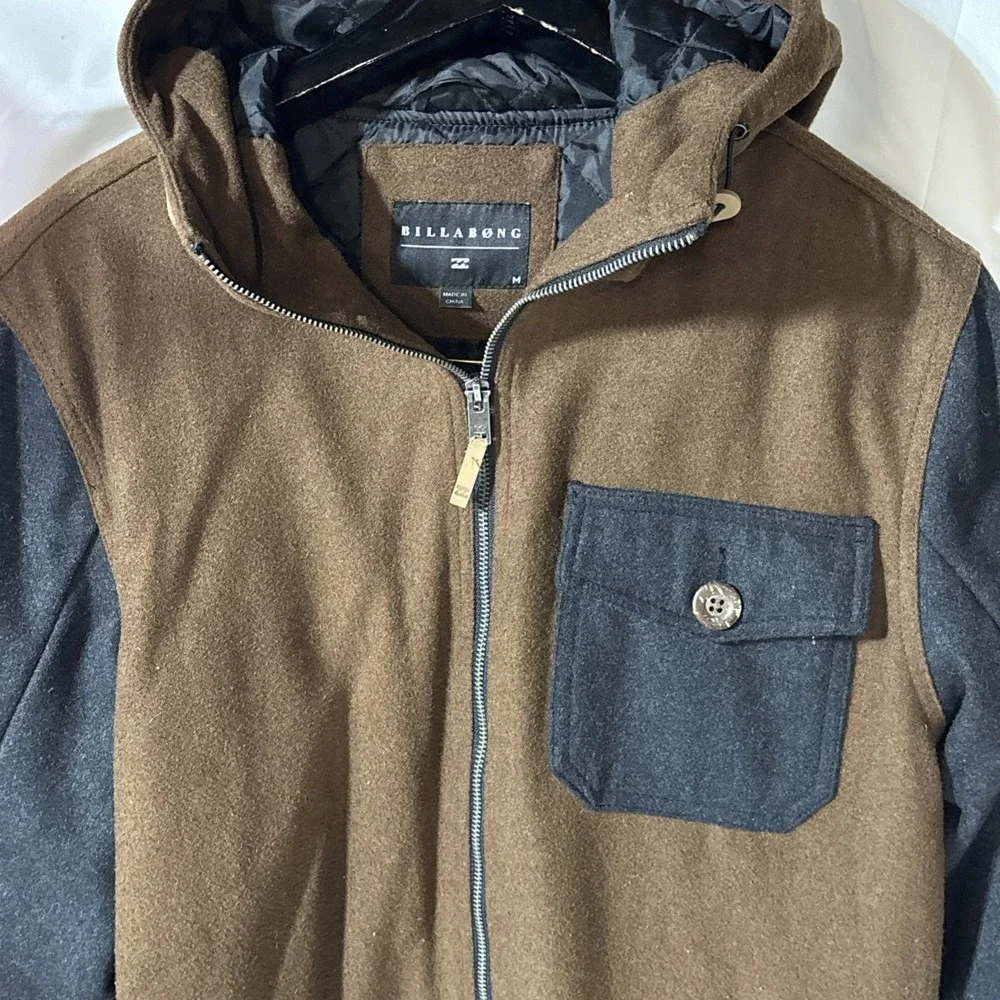 Men's Billabong Tan Gray Colorblock Quilted Line Jacket Full Zip Hooded Jacket M